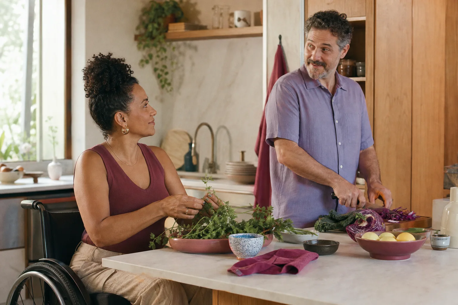 Uma mulher em cadeira de rodas e um homem preparam uma refeição em tarefas diferentes na mesma cozinha.