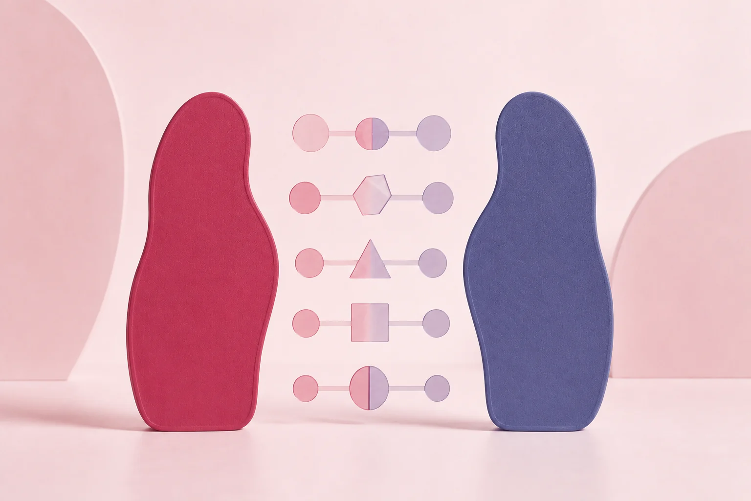 Duas formas abstratas completas, uma framboesa e outra íris, ligadas por cinco relações geométricas diferentes sobre fundo porcelana, sugerindo modos diversos de conversa entre dois mapas.
