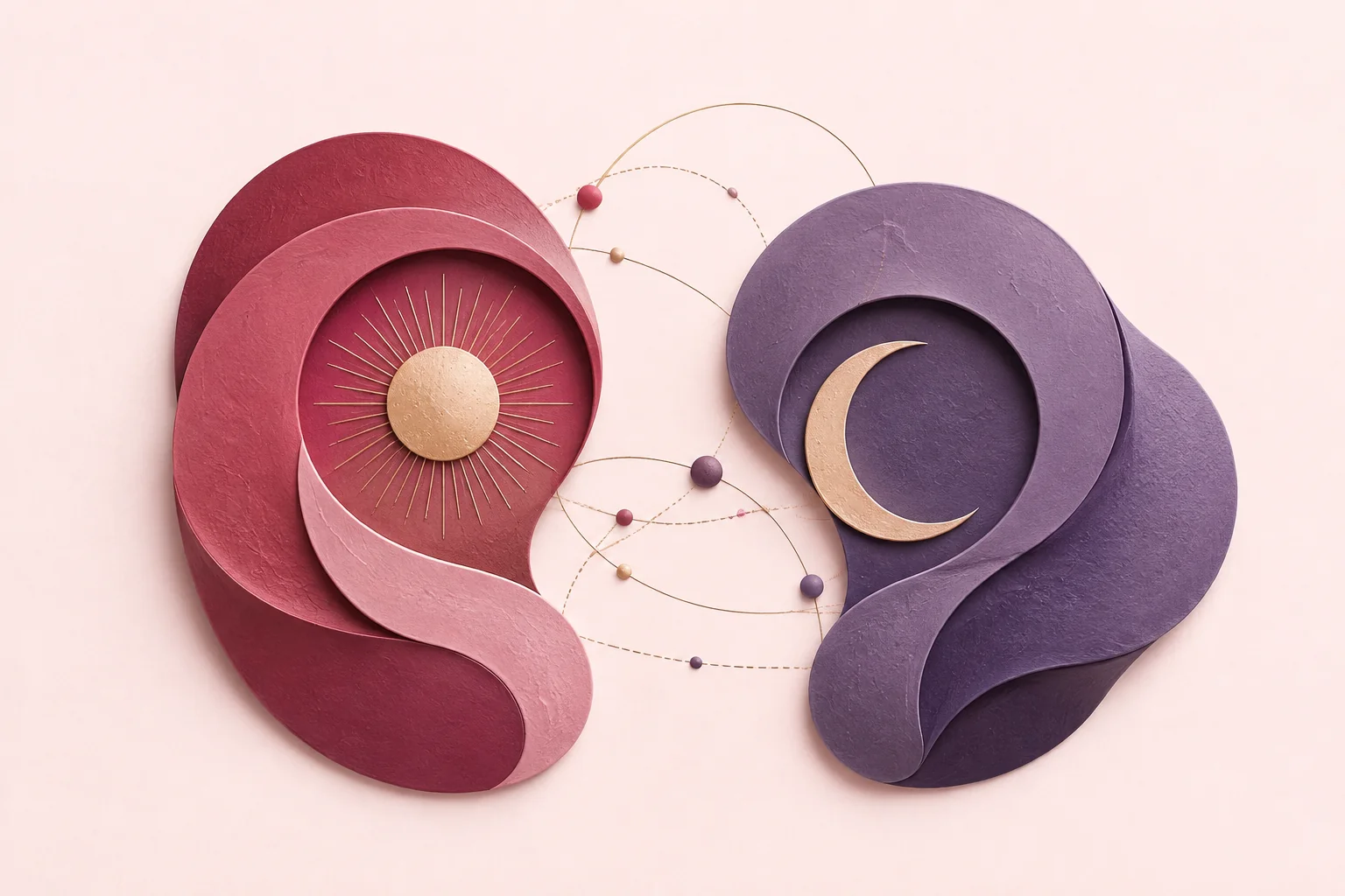Duas formas abstratas em framboesa e íris, com Sol e Lua, conectadas por órbitas delicadas sobre fundo rosa porcelana.