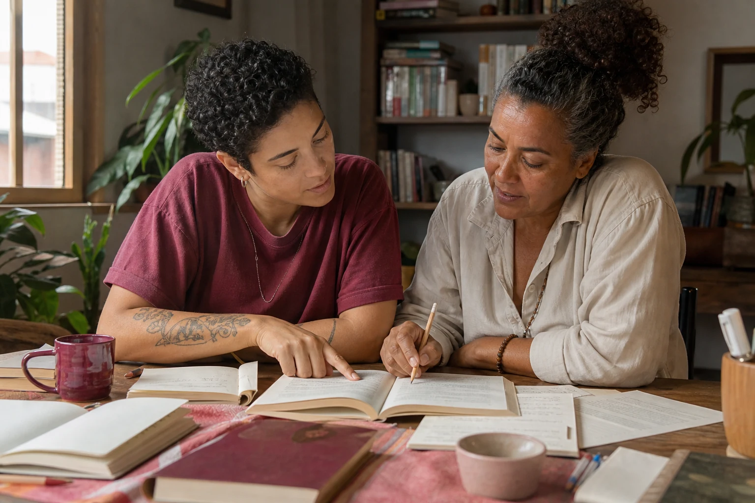 Duas mulheres adultas leem e fazem anotações juntas à mesa em uma sala com livros.