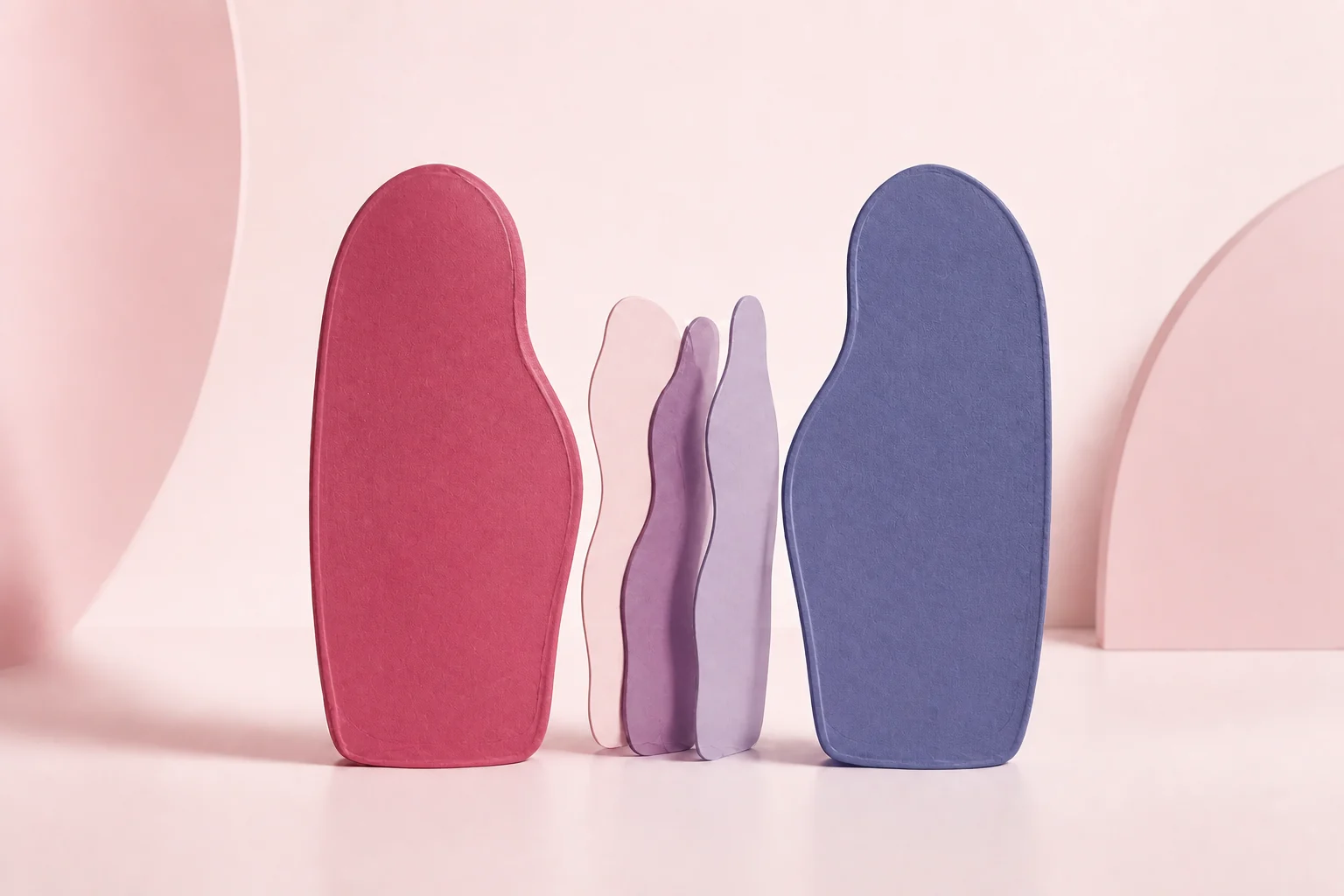 Duas formas abstratas completas, uma framboesa e outra íris, aproximam-se sem se fundir; entre elas, camadas foscas sugerem intimidade, confiança e espaço compartilhado sobre fundo porcelana.