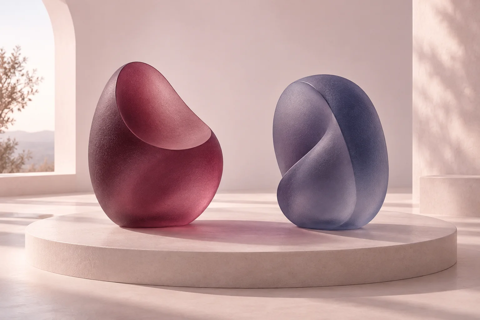 Duas esculturas translúcidas completas, uma em vinho com uma curva aberta e outra em íris com uma curva voltada para dentro, compartilham uma base porcelana sem se fundir.