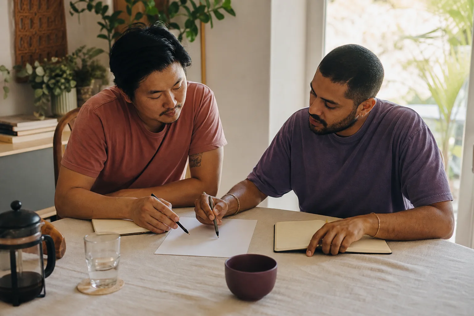Dois homens reúnem seus cadernos em torno de uma página compartilhada sobre a mesa.