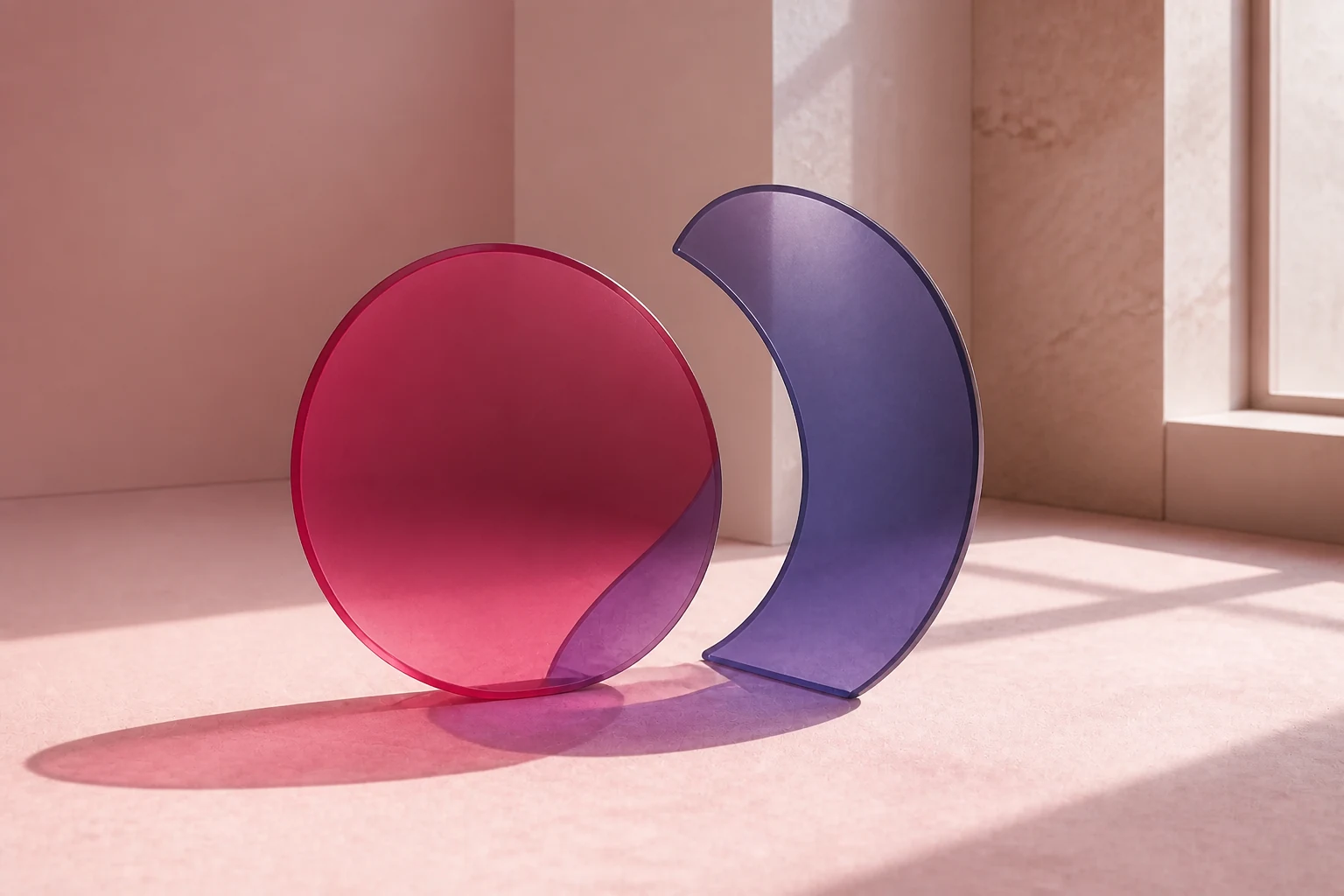Uma forma circular framboesa e outra curva em tom íris criam uma sobreposição violeta sobre uma superfície rosa porcelana.