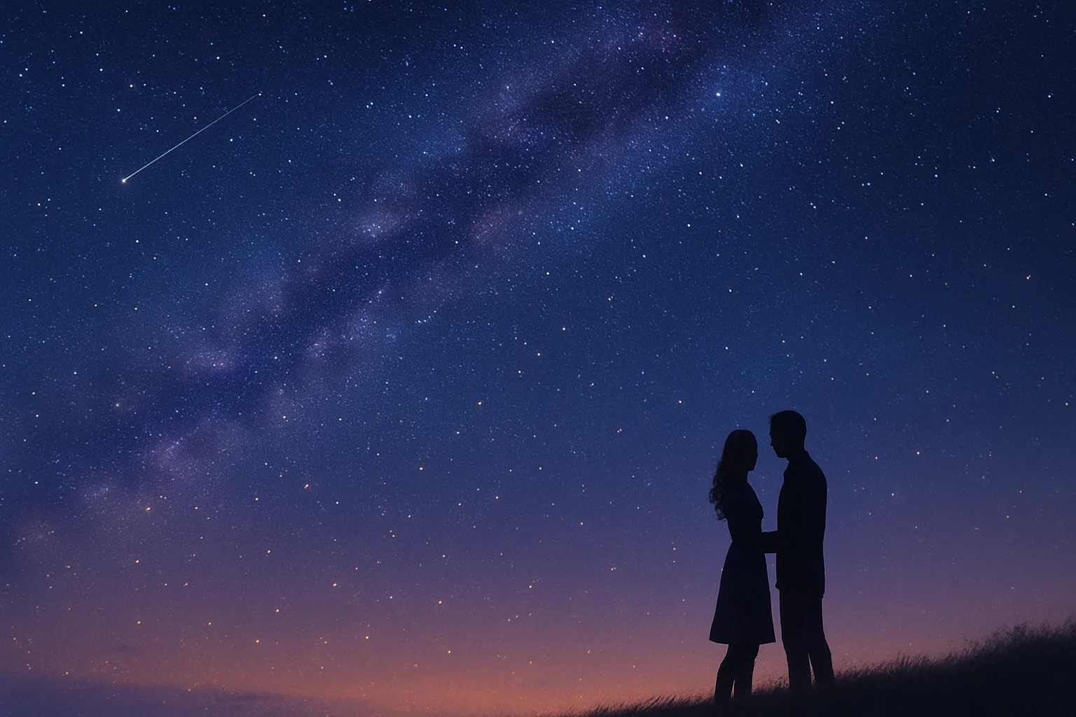 Casal apaixonado sob céu estrelado ilustrando compatibilidade astrológica